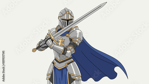 Valiant Knight in Full Plate Armor Holding a Sword with Blue Cape Illustration