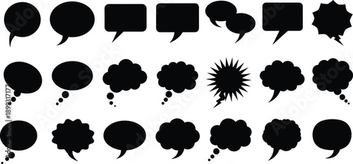 Speech and thought bubble vector icon set, black silhouette collection for comic dialog, graphic design, cartoon communication and layout elements.