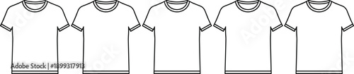 Vector illustration of five identical short-sleeved t-shirts in horizontal row, representing uniform fashion, apparel design, and minimal style
