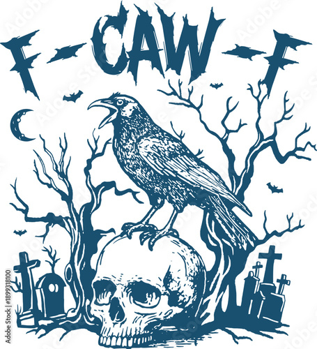 Hand-Drawn Raven on Skull, Halloween Design, Creepy Graveyard Illustration