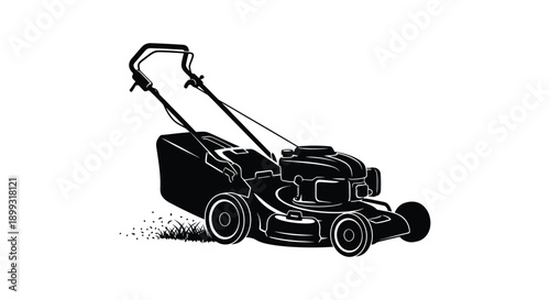 A detailed black silhouette of a push lawn mower showcasing its mechanical parts on transparent background high quality professional modern elegant