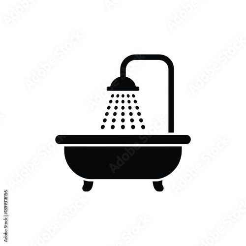 Simple black silhouette of a bathtub with a showerhead above it