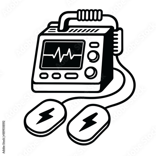 Illustrative depiction of a modern Automatic External Defibrillator (AED) medical device, featuring an ECG heart monitor display with a rhythmic waveform and connected electrical paddles