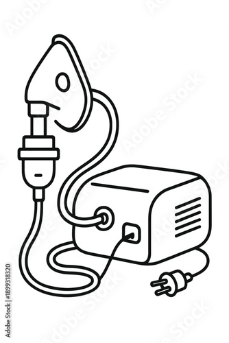 Medical nebulizer device outline with compressor, tubing, and mask. Essential equipment for respiratory therapy, asthma treatment, COPD management, and aerosol medication delivery