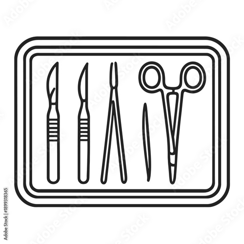 Surgical instrument set in minimalist line art, featuring medical scalpels, precision forceps, a surgical needle, and hemostats, neatly arranged in a sleek rectangular tray.
