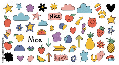 A vibrant collection of colorful, retro-inspired cartoon stickers featuring fruits, clouds, stars, hearts, and positive affirmation messages like 'Nice' and 'Love'.
