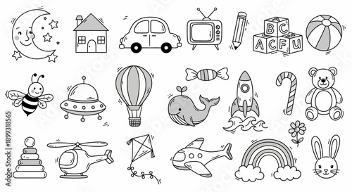 A collection of whimsical hand-drawn doodles featuring a variety of objects including toys, celestial bodies, vehicles, and animals.