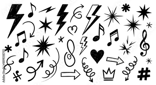A collection of hand-drawn black doodles including lightning bolts, musical notes, hearts, stars, arrows, and a crown.