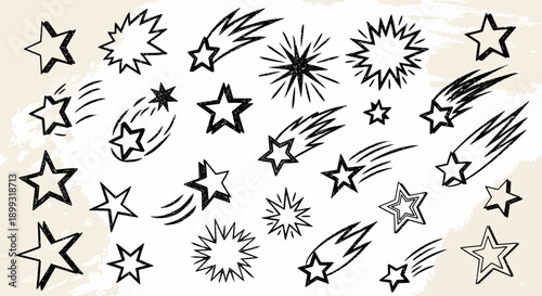A collection of hand-drawn starbursts and shooting stars in various sizes and styles, set against a textured background.