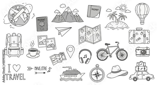 A collection of hand-drawn travel-themed illustrations, including a backpack, passport, airplane, mountains, island, bicycle, camera, and car.
