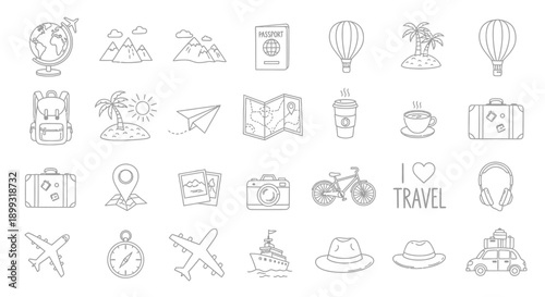 A collection of hand-drawn outline icons representing various travel and vacation-related elements, including transportation, landmarks, and activities.