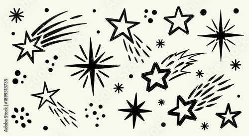 A collection of hand-drawn star illustrations, including shooting stars and sparkling stars, on a cream background.