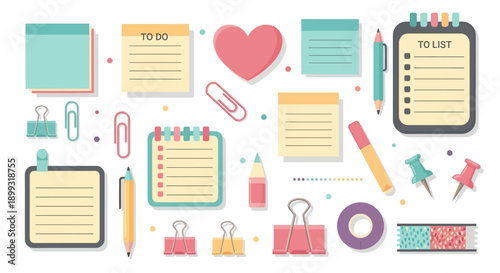 A collection of stationery items including sticky notes, paper clips, push pins, and pens, arranged in a flat lay style.