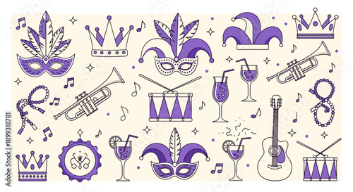 A vibrant collection of Mardi Gras themed icons including masks, crowns, musical instruments, and festive drinks.