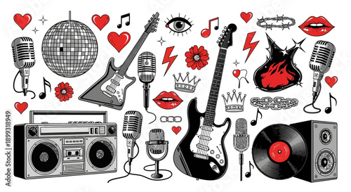 A collection of vintage and modern musical instruments and symbols, including guitars, microphones, records, and a boombox, rendered in a graphic, illustrative style with red and black accents.