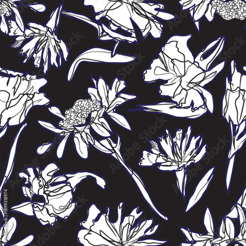 Monochrome Outlined Floral seamless pattern design