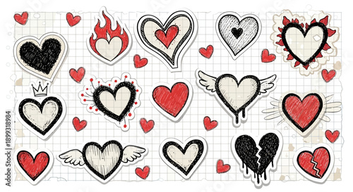 A collection of hand-drawn heart illustrations in various styles, including flaming hearts, winged hearts, and broken hearts, set against a grid paper background.