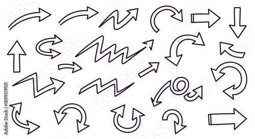 A collection of hand-drawn arrow icons in various styles and directions, presented on a white background.