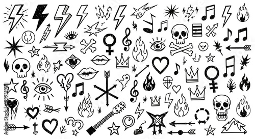 A large collection of hand-drawn doodle icons featuring symbols like lightning bolts, skulls, hearts, musical notes, and flames.