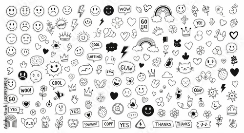 A large collection of hand-drawn doodle icons featuring smiley faces, hearts, rainbows, crowns, and various other whimsical elements.
