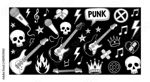 Fotografia A black and white illustration featuring various punk rock symbols like guitars, microphones, skulls, and lightning bolts