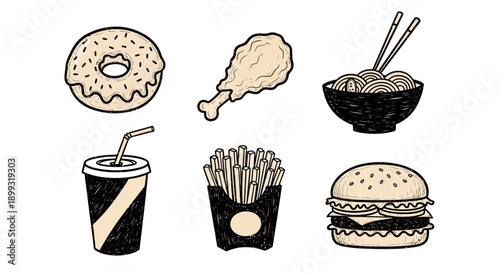 A collection of six hand-drawn illustrations of popular fast food items, including a donut, fried chicken, noodles, a drink, french fries, and a hamburger.