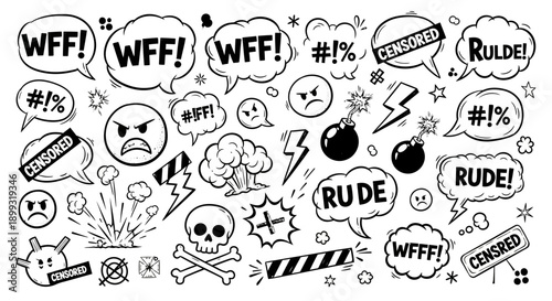 A collection of hand-drawn, black and white cartoon elements representing anger, censorship, and rude language, including speech bubbles with exclamations, angry faces, bombs, and a skull.