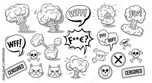 A collection of cartoon-style drawings featuring explosions, angry cats, skulls, and censorship stamps.
