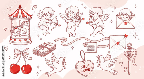 A charming collection of romantic and whimsical illustrations featuring cupids, doves, a carousel, gifts, and a vintage key, all in a soft pink and red color palette.