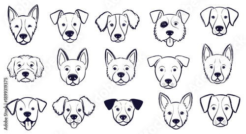 A collection of diverse dog faces, each with unique features and expressions, presented in a clean, illustrative style.