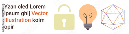 Technology, creativity, security systems, education tools, innovation processes, geometric design. Lock, light bulb and geometric wireframe cube. Security systems and innovation