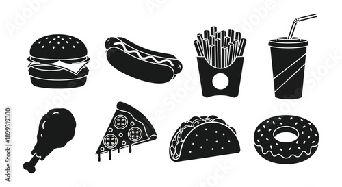 A collection of fast food items including burgers hotdogs fries and pizza presented as a silhouette on transparent background high quality