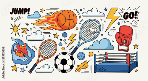 A vibrant and energetic illustration of various sports equipment and action elements, including a basketball, tennis rackets, soccer ball, and boxing ring.