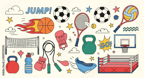 A vibrant collection of sports equipment and action icons, including basketballs, soccer balls, boxing gloves, and a tennis racket, set against a light background with clouds and stars.