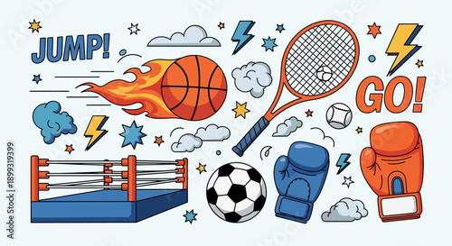 Dynamic illustration of various sports equipment and action words, including a basketball, soccer ball, tennis racket, boxing gloves, and a boxing ring.
