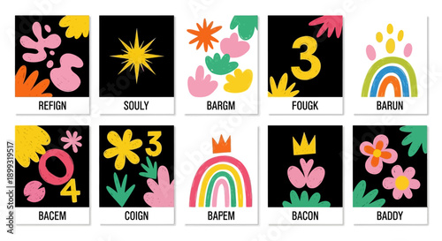 A collection of ten colorful, abstract, and playful graphic cards with unique names and designs, featuring shapes, numbers, and patterns on a black background.