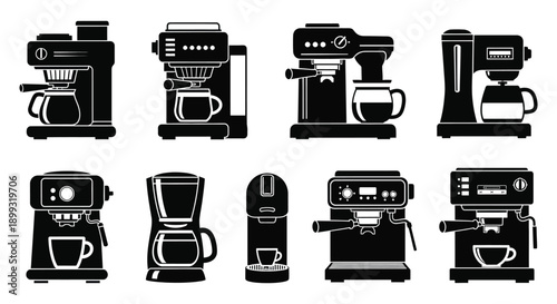 A collection of various coffee machine silhouettes including espresso makers and drip brewers on transparent background high quality professional detailed modern
