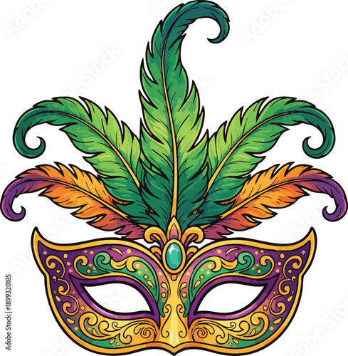 Colorful venetian masquerade mask with bright green and orange feathers for mardi gras celebration