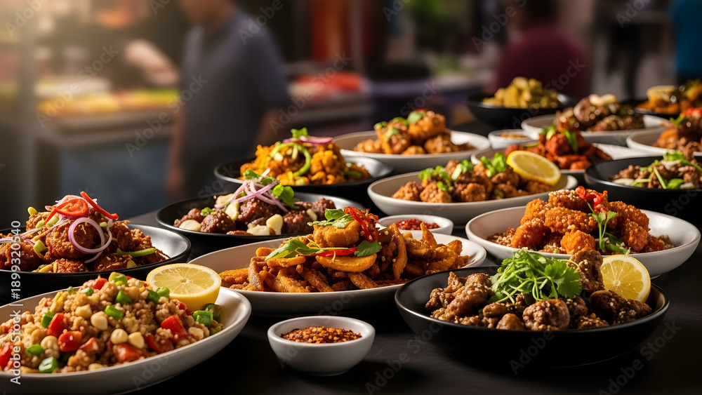 Fototapeta premium Extensive selection of buffet-style dishes arranged on a long table in a busy restaurant setting offering a variety of flavors and culinary experiences