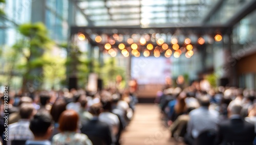 Wallpaper Mural A blurred image of an audience in a modern venue, gathered for an event with warm lights illuminating the stage. Torontodigital.ca