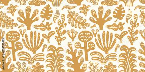 Seamless jungle tropical abstract pattern with palm tree, leaves. Summer texture. Print, wallpaper, textile, wrapping paper. Ochre elements. White background. Vector illustration. 
