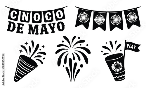 Set bundle Cinco De Mayo silhouette festive decoration, food, and drink elements