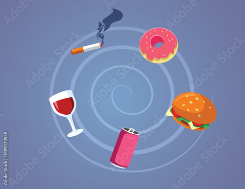 Vicious Circle Full of Human Vices Vector Concept Illustration. Various unhealthy habits listed such as eating fast food, desserts, and drinking alcoholic beverages or soda
