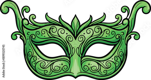 Ornate green masquerade mask with swirls and leaf motifs for carnival or venetian party