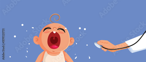 Baby Crying at a Pediatric Checkup Vector Cartoon Illustration. Distressed newborn screaming during a routine medical exam 