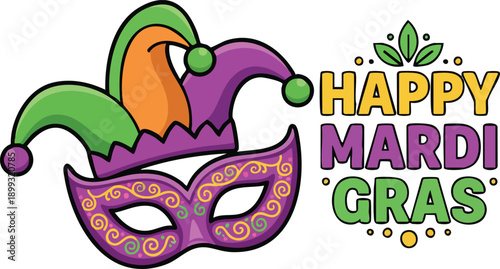 Colorful jester hat and masquerade mask illustration for happy mardi gras celebration