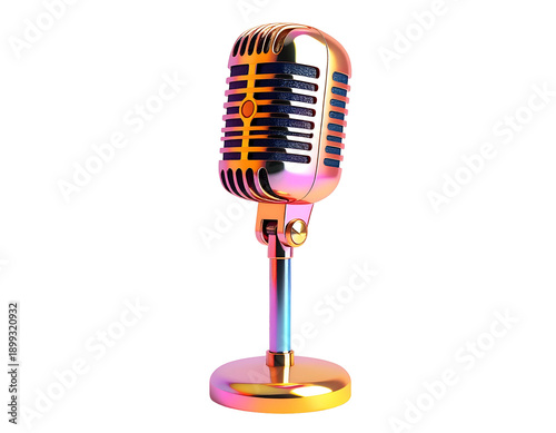 A vibrant, gold-hued vintage microphone isolated on black background
