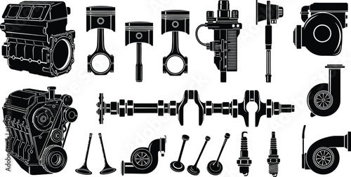 A collection of detailed engine parts in a black silhouette ideal for automotive design on transparent background high quality professional modern