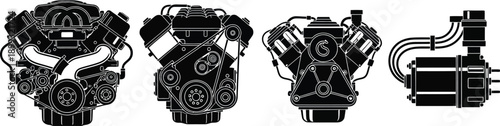 Detailed black engine diagrams showcase various mechanical components in a minimalist style on transparent background silhouette high quality professional detailed modern