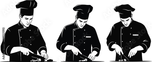 Three chefs in classic uniform are depicted in various poses presented as a striking graphic on transparent background silhouette high quality